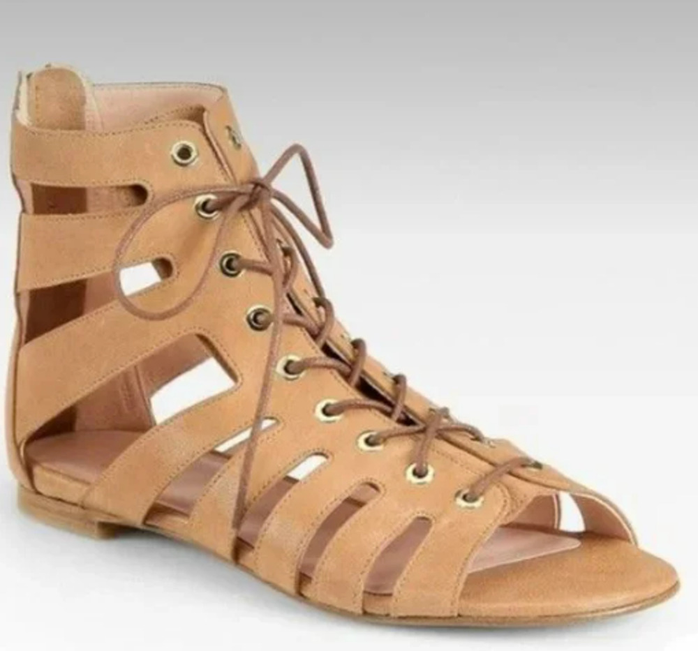 Stuart Weitzman Sandals Size 8.5 Brown Gladiator Lace Neutral Timeless Boho Chic